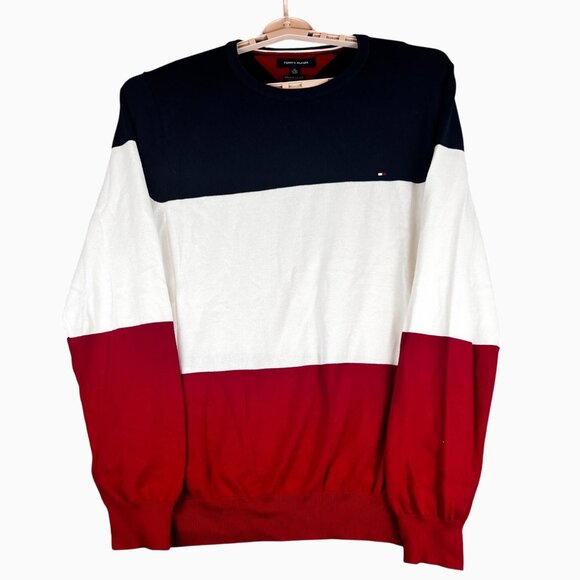 Tommy Hilfiger Mens Colorblock Crewneck Sweater XL Premium Cotton Navy White Red - Picture 3 of 11